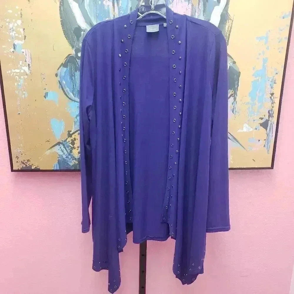 Strazzi Purple Stud/Grommet Open Front Cardigan